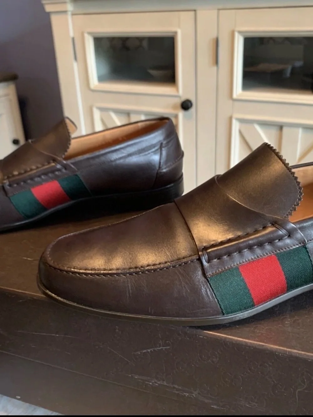 Gucci Brown Leather Loafers with Red & Green Web Stripe